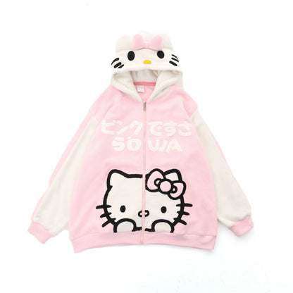 Cute Kitty Cat Pink Black Polar Fleece Y2K Oversize Hoodie Jacket