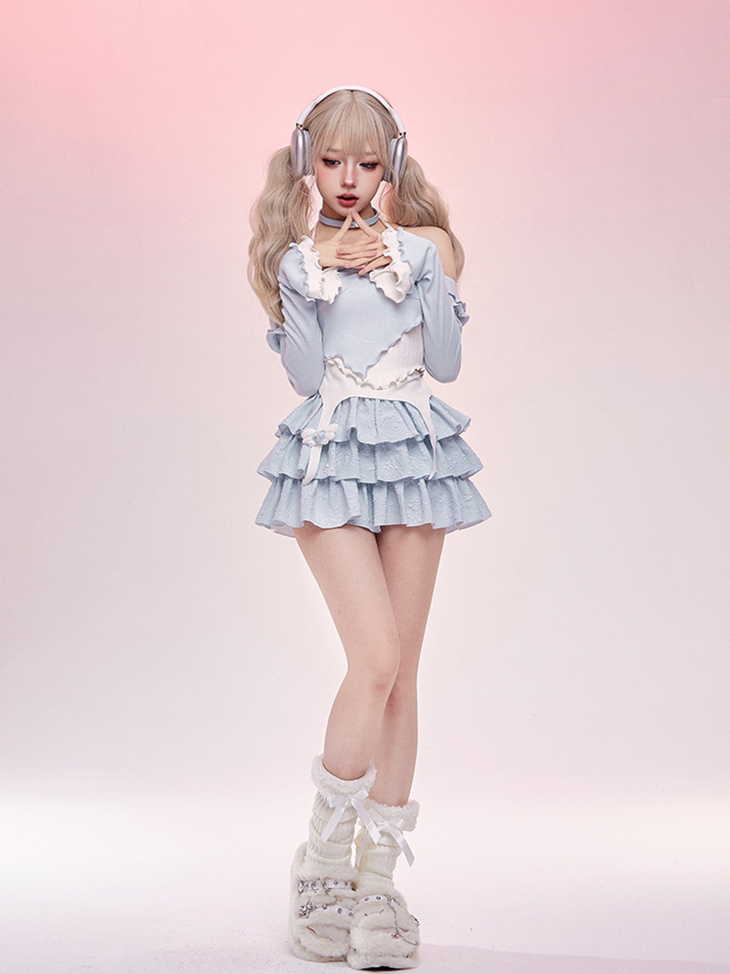 Serendipity Sea Salt Ruffled Pastel Blue Shirt Top & Skirt Two Piece Set