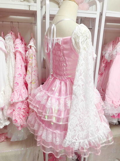 Candy Fairy Party Banquet Sweet Pink Sparkling Ruffled Long Sleeve Dress