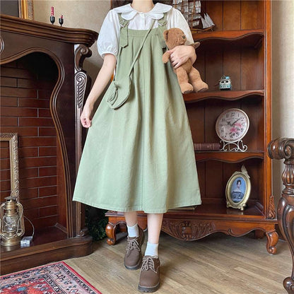 Autumn Mori Girl Heart Navy Blue Black Brown Green Dress Suspender Skirt & White Shirt Blouse Two Piece Set