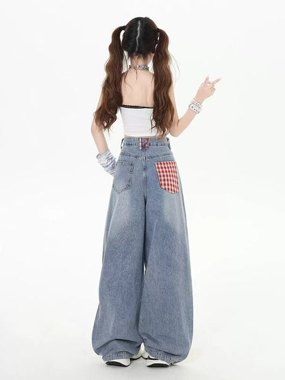 Crazy Girl Country Girl Red Plaid Blue Denim Baggy Pants