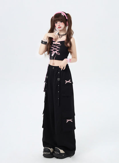 Crazy Girl Heart Strap Pink Black Elastic Waist Pants