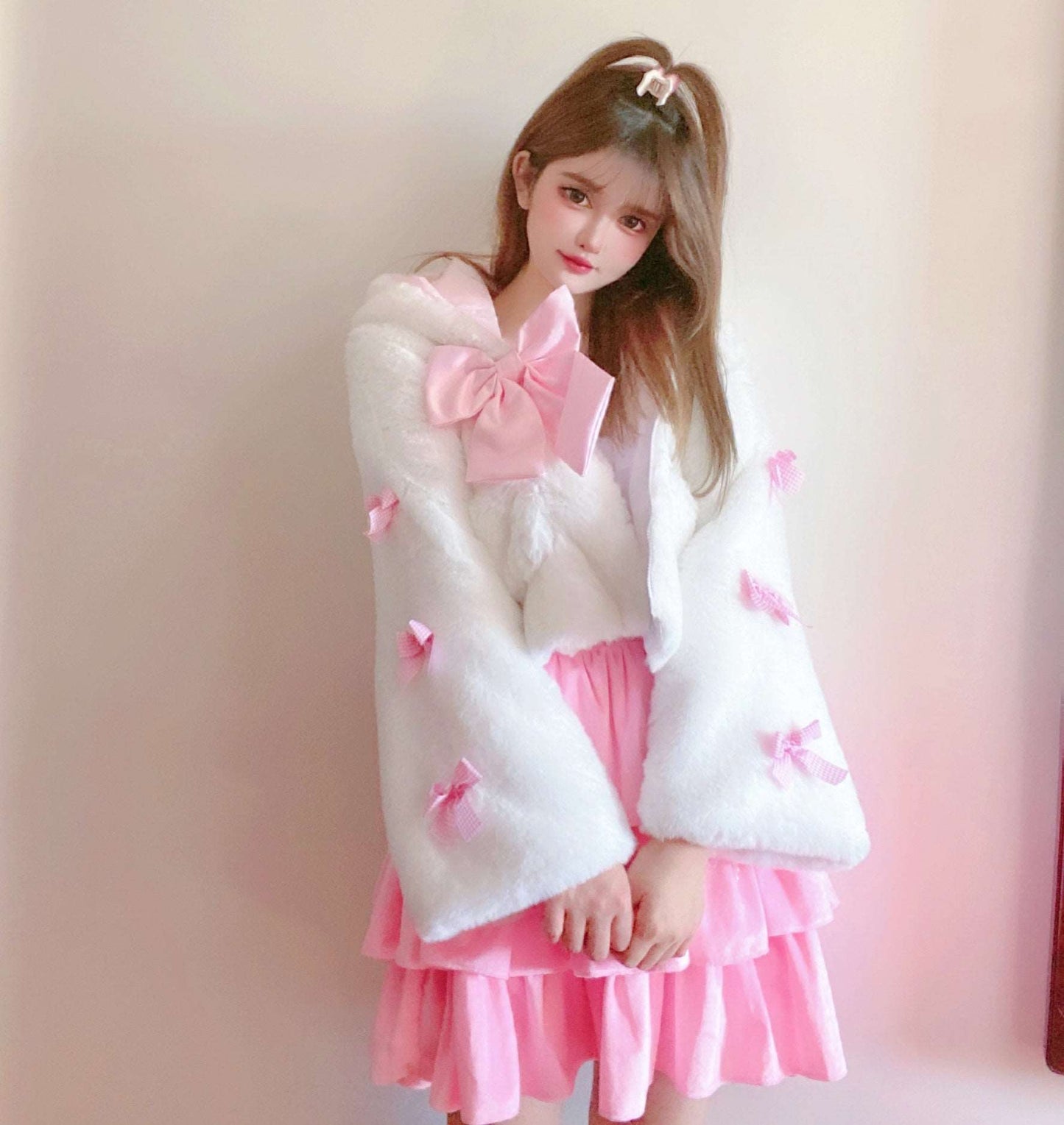 Candy Fairy Cute Pink Bow Snow White Plush Thick Winter Hooded Jacket