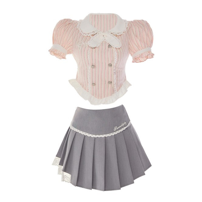 Serendipity Striped Pink Shirt Blouse & Gray Pleated Mini Skirt Two Piece Set