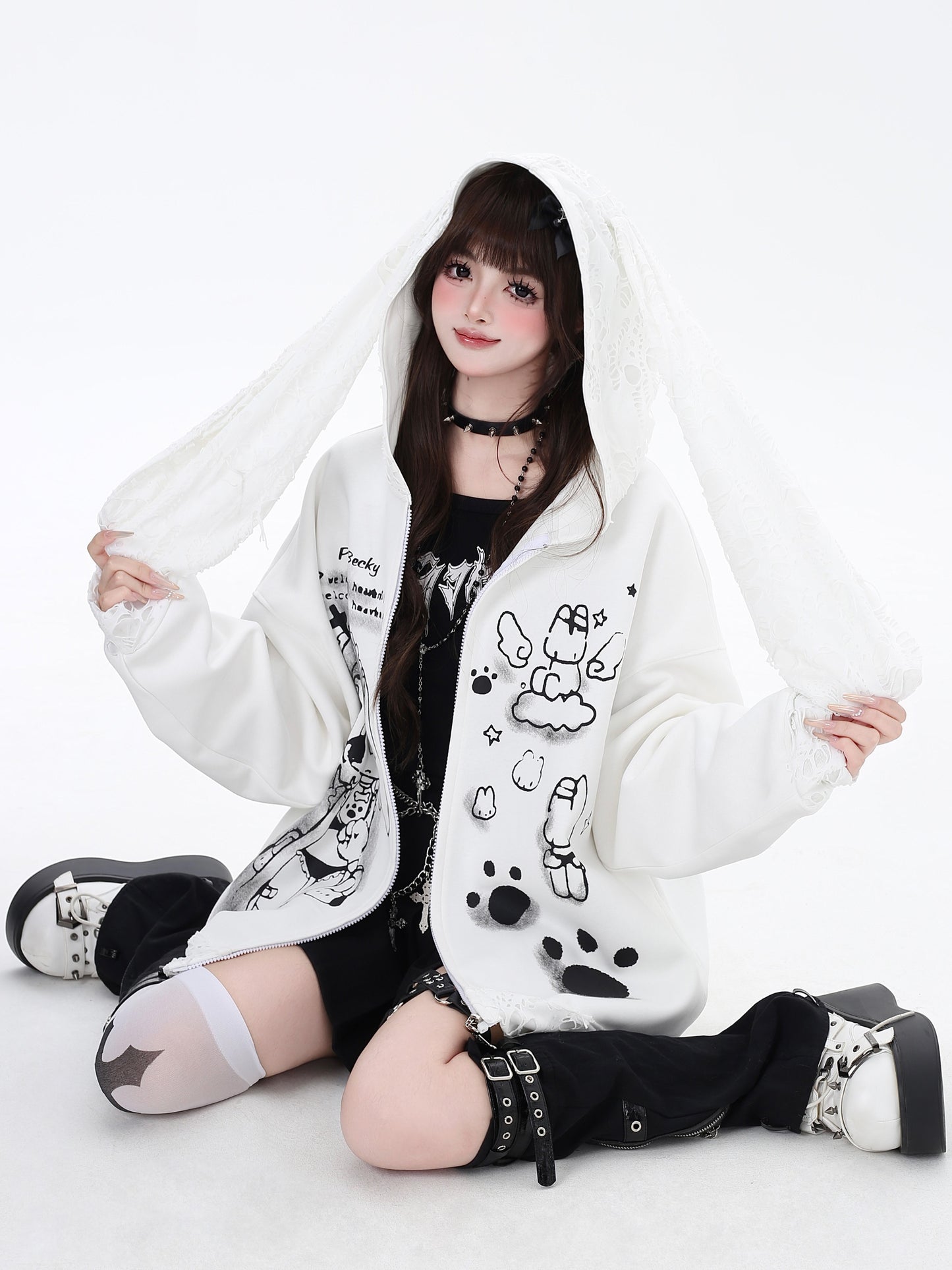 Crazy Girl Sad Anime Girl Black White Rabbit Ears Jacket Hoodie