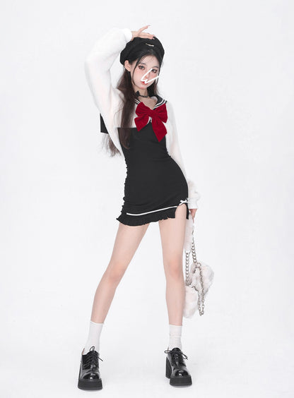 Young Eyes Black Bondycon Spaghetti Strap Dress & Plush White Sailor Collar Jacket Two Piece Set