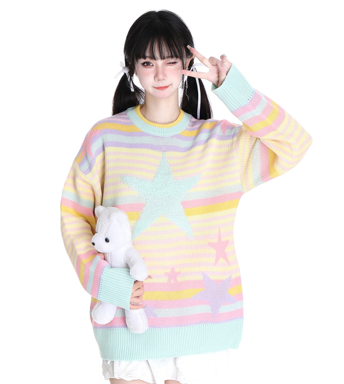 Star Autumn Winter Rainbow Colorful Striped Round Neck Pullover Sweater