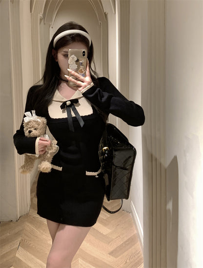 Lady Luxury Chic Autumn Winter Bow Knit Black Dress