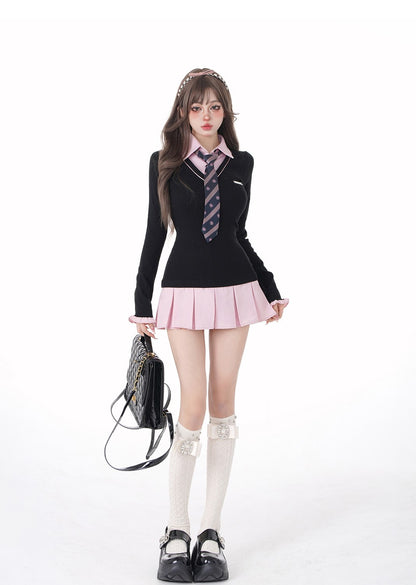 Young Eyes Academia High School Girl Black Pink Polo Collar Dress