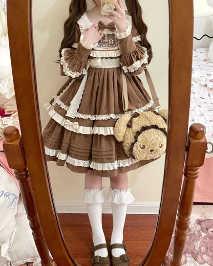 EGL Bear Pink Brown Puff Sleeve Ruffle Cake Dress