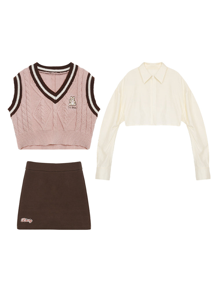 Serendipity Autumn Teddy Bear Embroidery Knit Pink Vest & Beige Blouse Shirt & Brown Mini Skirt Three Piece Set