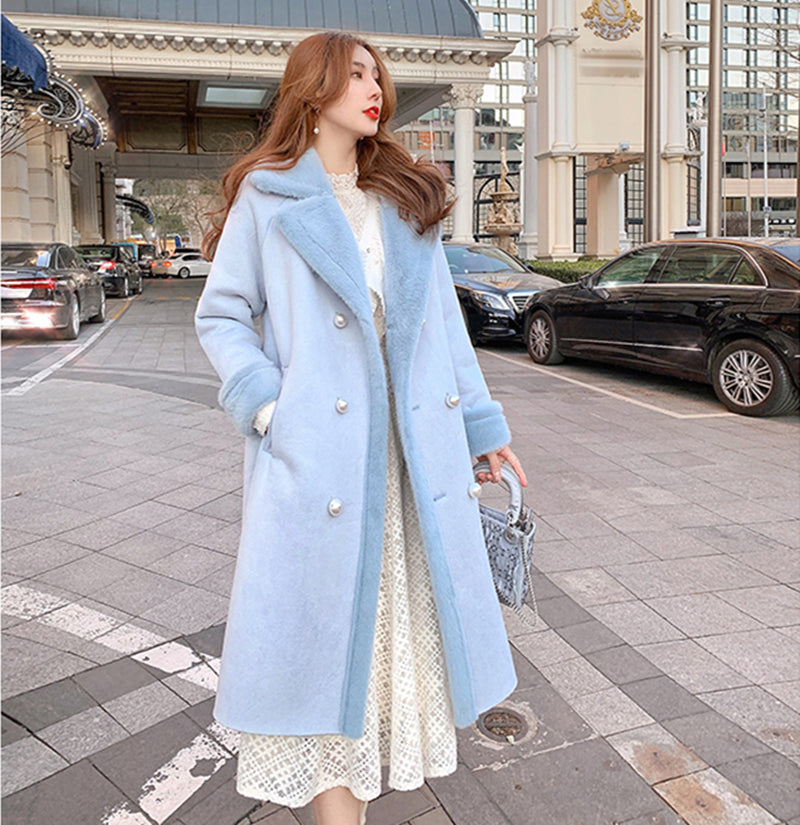 Classic Luxury Neck Strap Woolen Pink Blue Coat