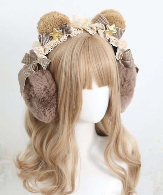 Star Brown Bear & White Cat Winter Earmuffs