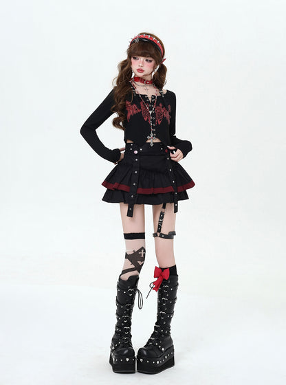 Crazy Girl Taotao Oolong 2.0 Black Red Ruffle Short Skirt