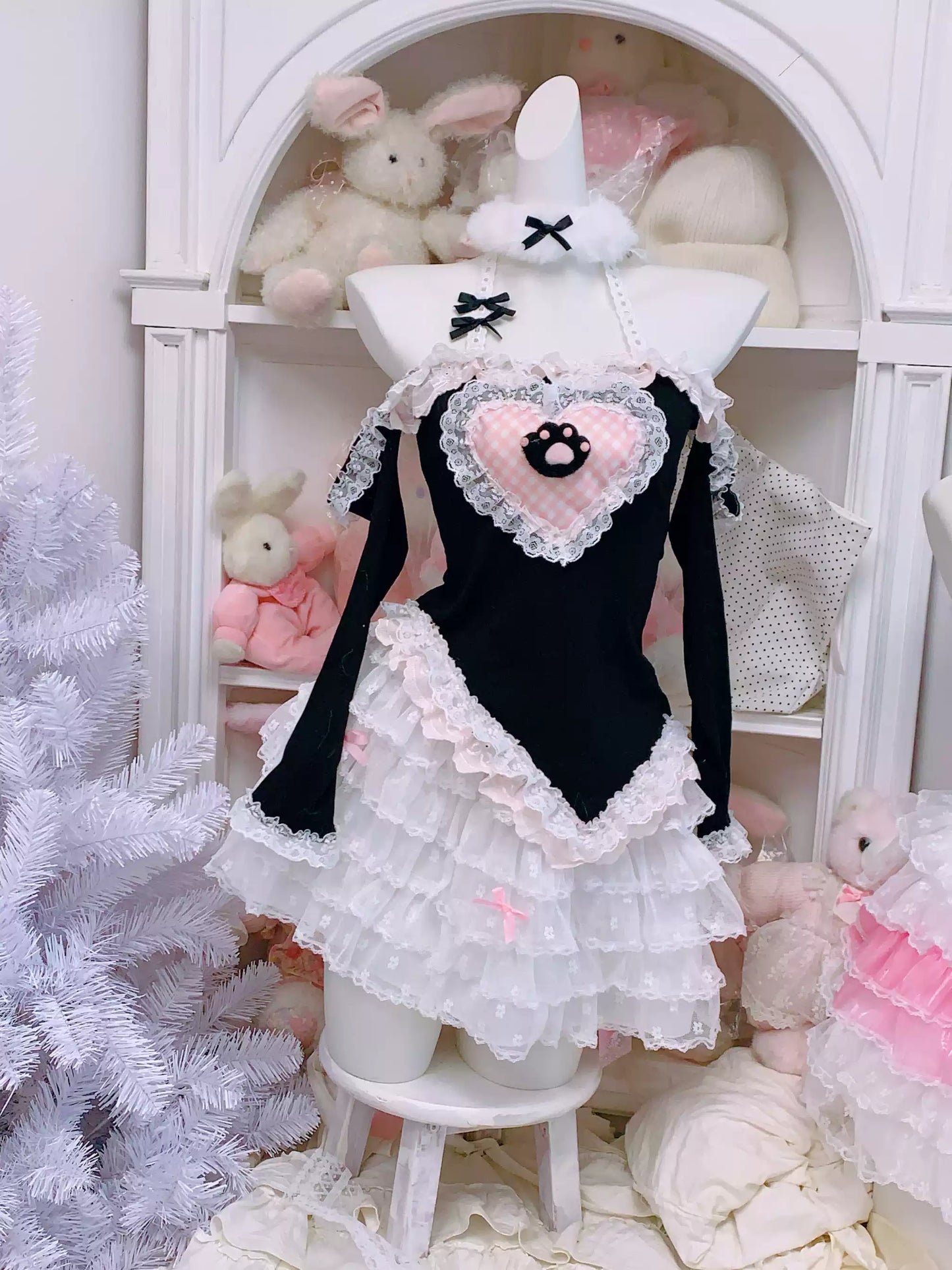 Candy Fairy Black Paw Top & White Ruffle Skirt Two Piece Set