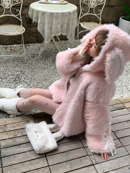 Picnic Girl Winter Cute Thick Fur Rabbit Ears Pink Jacket Coat