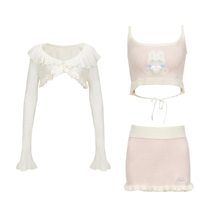 Serendipity Coquette White Ruffled Cardigan & Knit Pink Rabbit Camisole & Mini Skirt Three Piece Set