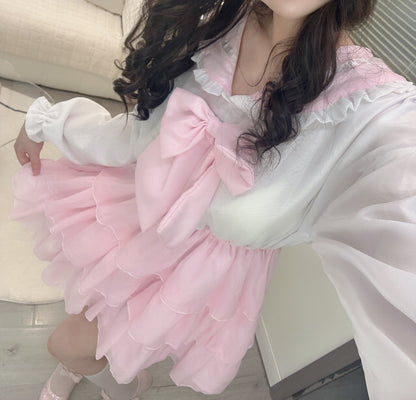 Candy Fairy Cosplay Sailor Collar Bow Sweet Ruffled Pink White Dress