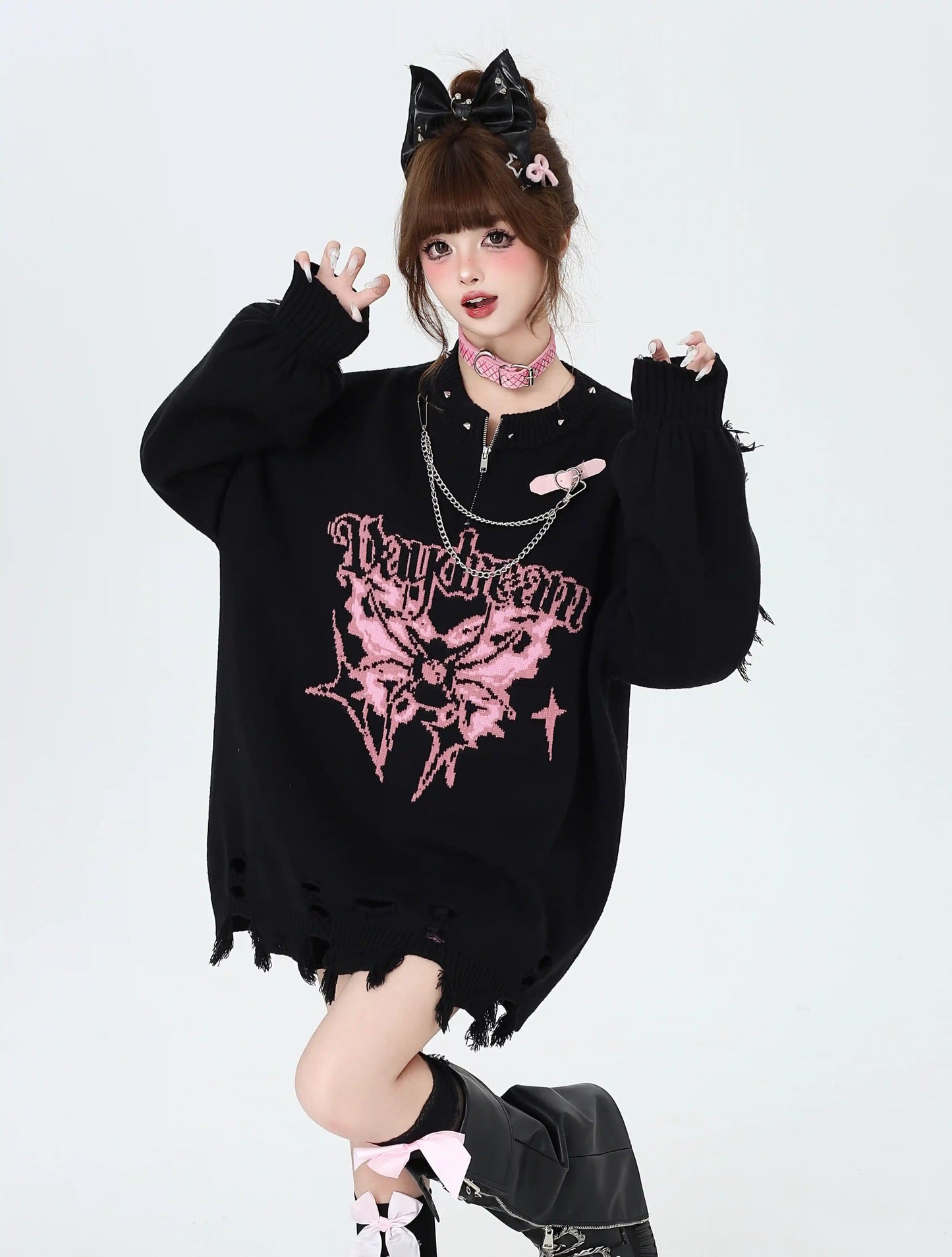 Crazy Girl Daydream Butterfly Black White Pink Red Knit Sweater