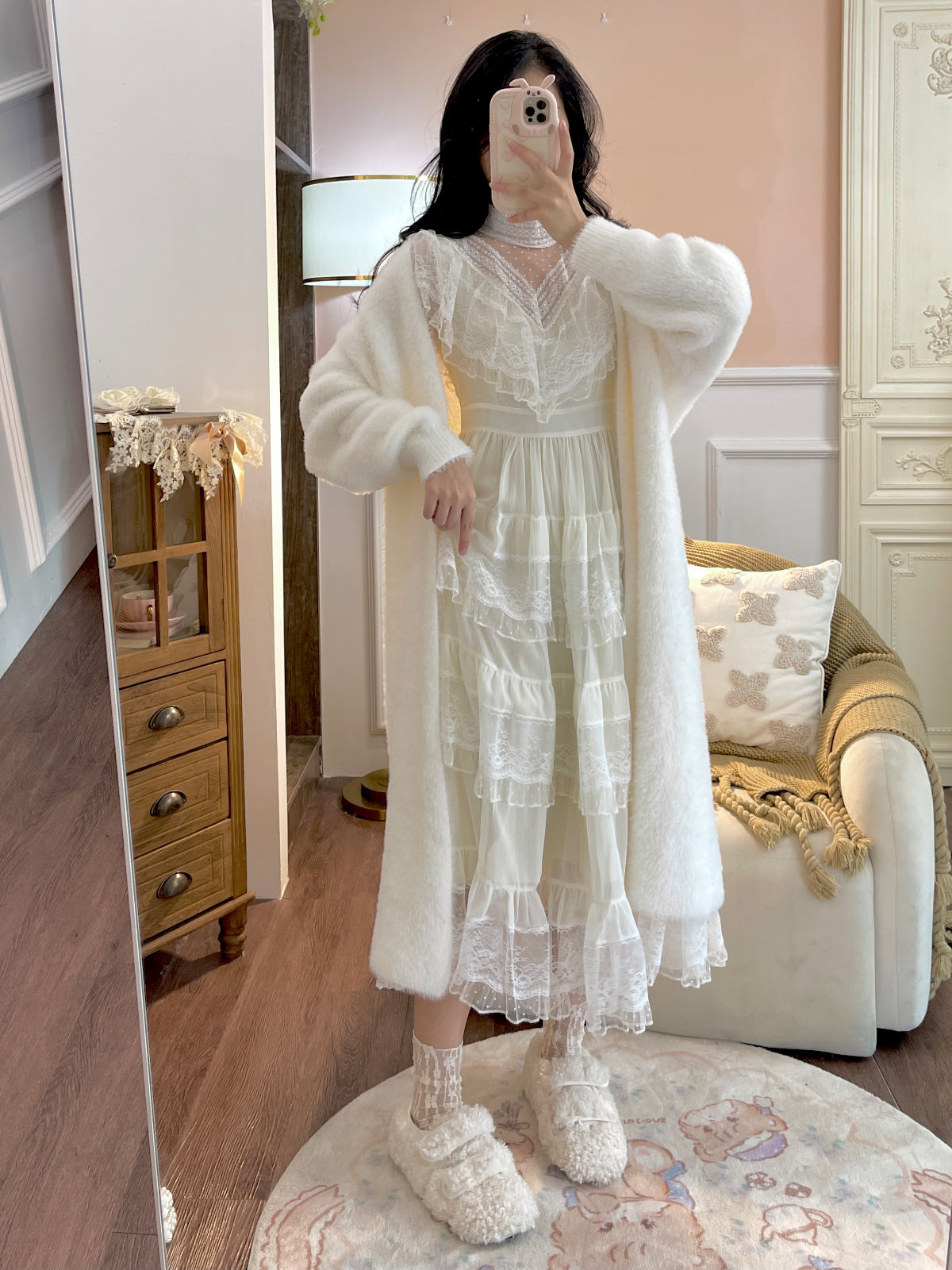 Ruellia Fall Fairy White Lace Mesh Long Sleeve Ruffled Layared Cake Dress