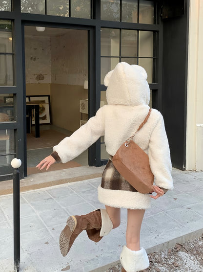 Plaid Beige White Brown Cute Fall Winter Bear Ears Hooded Jacket Skirt Two Piece Set