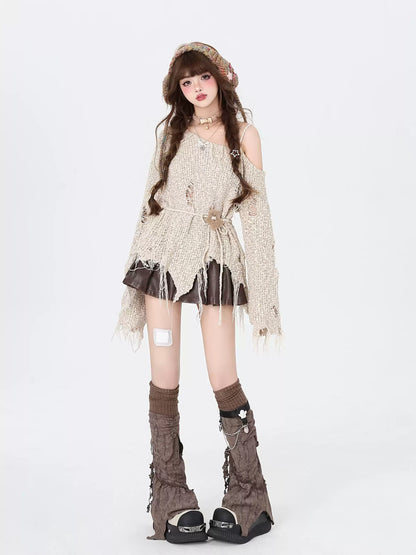 Crazy Girl Early Autumn Brown Cream Ripped Knit Sweater Top