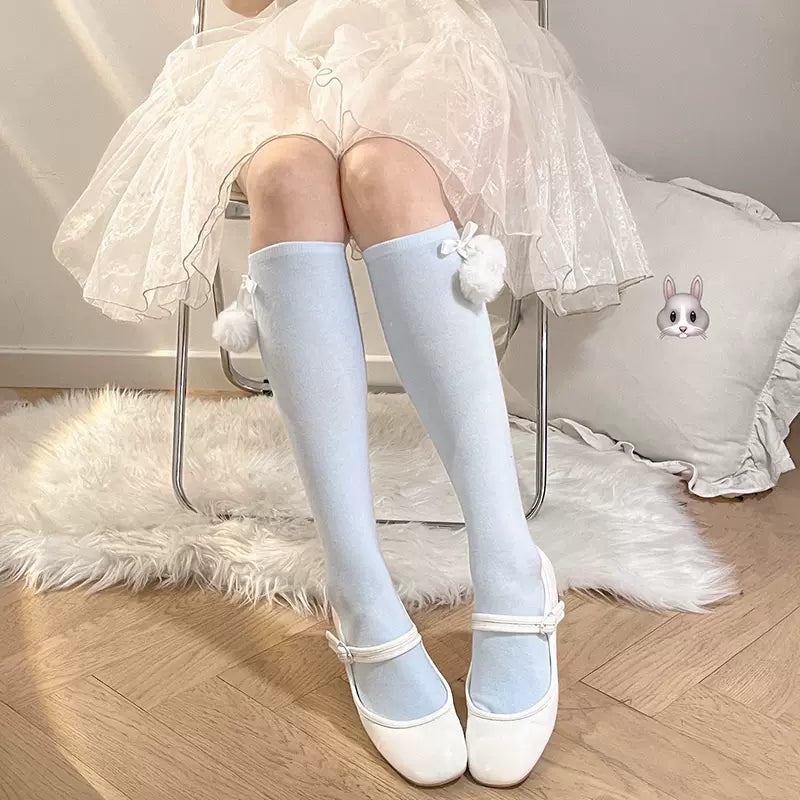 Lolita Victorian Pompom Balls White Black Pink Blue Purple Under The Knee Socks