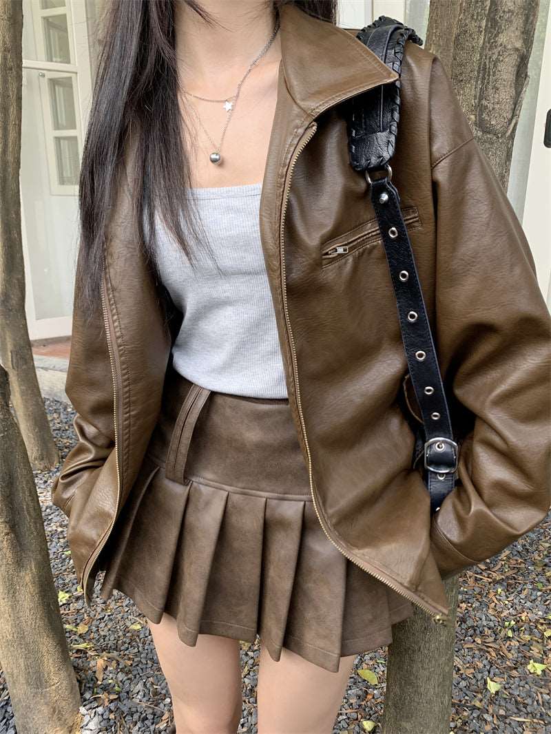 Chic Trendy Winter Brown Black Leather Jacket