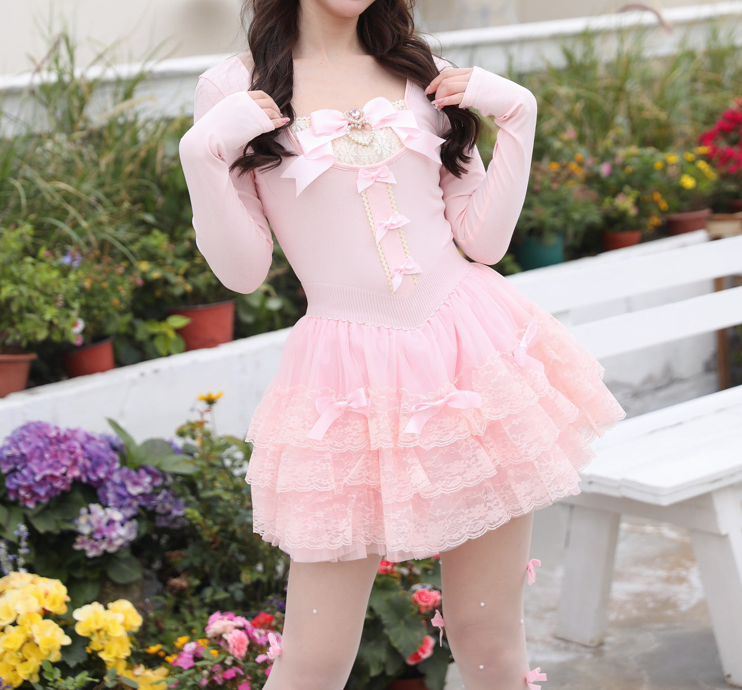 Sweetheart Princess Balletcore Pink Bow Lace Shirt Top & Skirt Two Piece Set