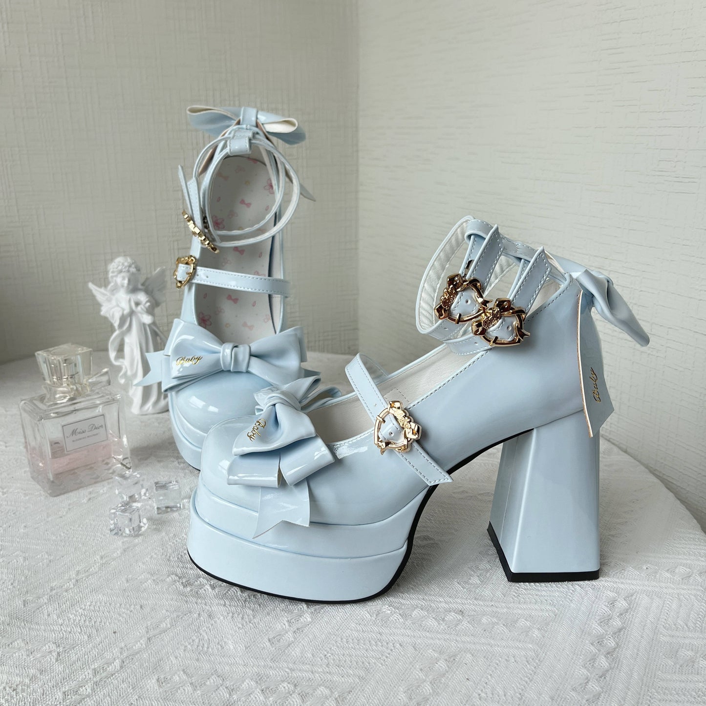 Love Letter Thrill of Love Lolita Black White Pink Blue Green Bow High Heels Shoes