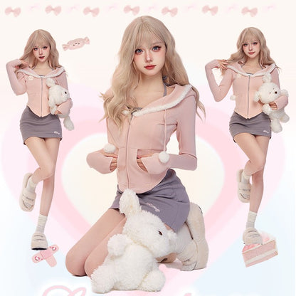 Serendipity Plush Edge Pink Hooded Jacket & Gray Halter Neck Tank Top & Mini Skirt Three Piece Set