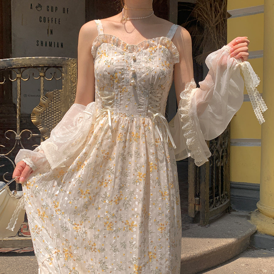 Ruellia Spring Summer Fairy Yellow Wild Cicada Flower Strap Dress