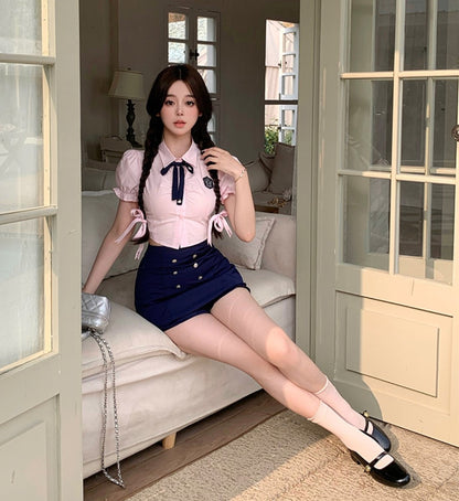 Serendipity Strawberry Summer Pink Puff Sleeve Shirt & Navy Blue Shorts Two Piece Set