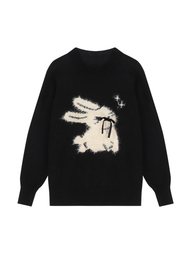 Cream Rabbit Bow Faux Fluffy Autumn Winter Black Pullover Sweater