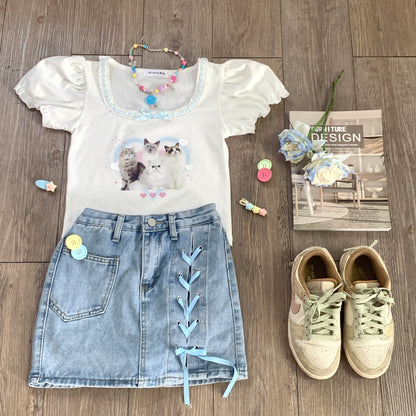 Serendipity Summer Cat Puff Sleeve Shirt & Blue Denim Mini Skirt Two Piece Set