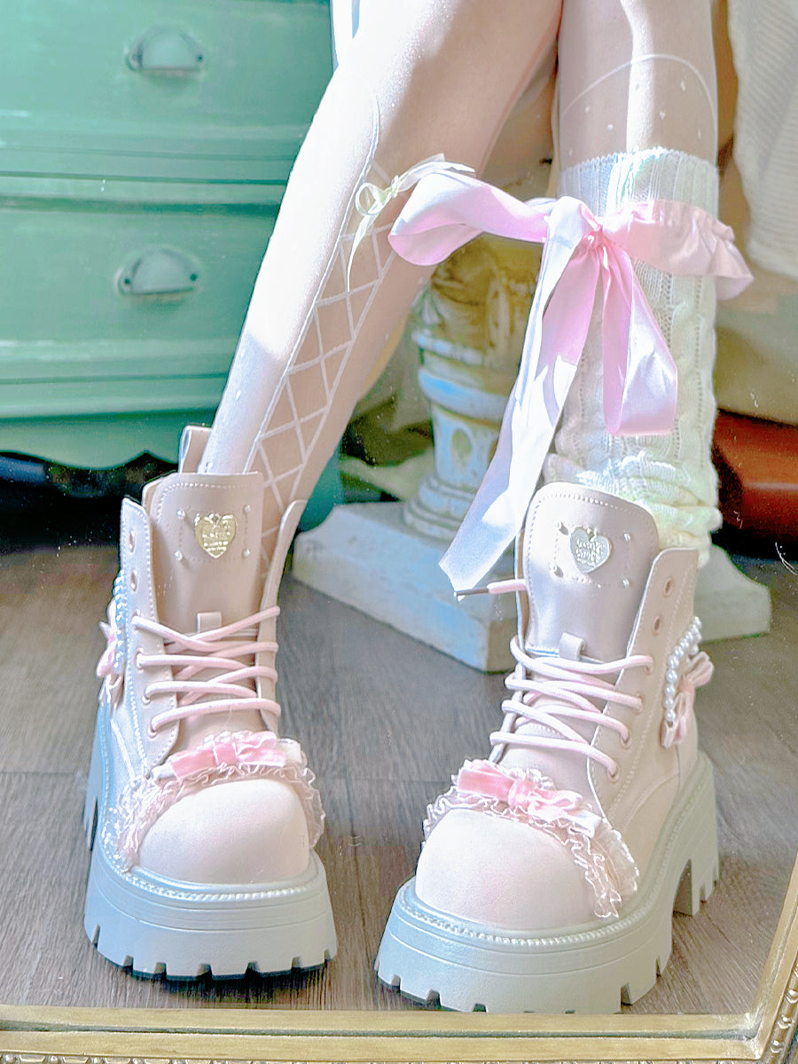 Pinky Sweet Knight Bow Pearl Light Pink Winter Snow Boots Shoes