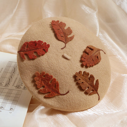 Cute Handmade Classic Khaki Autumn Leaves Fall Girl Wool Beret Hat