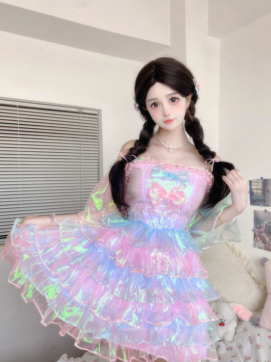 Candy Fairy Pastel Rainbow Gradient Mermaid Sparkling Ruffled Layered Dress