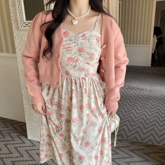 Ruellia Spring Rose Floral Strap Dress & Pink Cardigan Two Piece Set