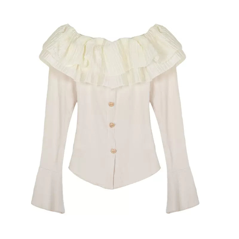 Frill Ruffled Coquette Fit Long Sleeve Cream White Black Top