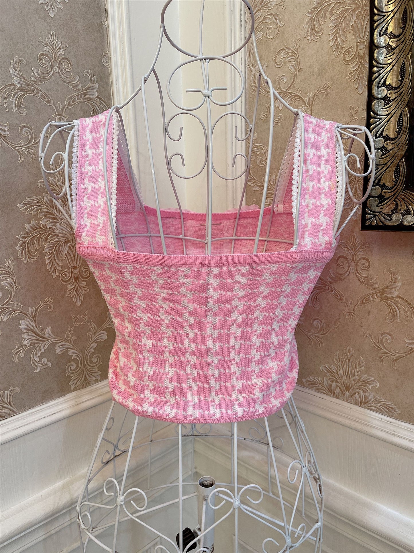 Sweetheart Princess Bow Pink Houndstooth Camisole Tank Top