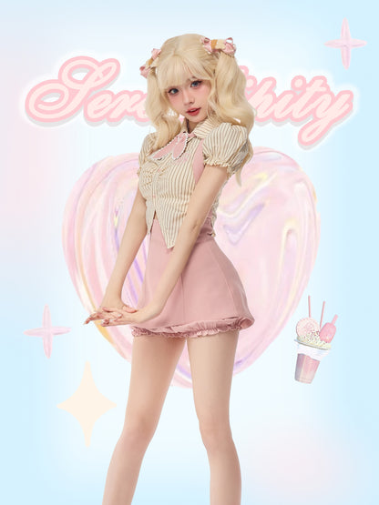 Serendipity Sweet Bow Beige Striped Puff Sleeve Shirt & Pink Suspender Skirt Two Piece Set