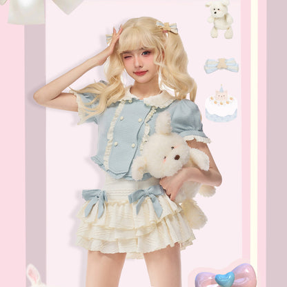 Serendipity Coquette Bear Doll Collar Blue Puff Sleeve Shirt & White Tutu Mini Skirt Two Piece Set