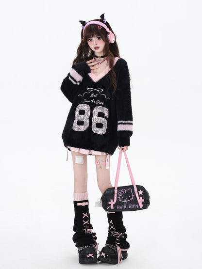 Crazy Girl 86 Pink Black Blue White Fuzzy Sweater