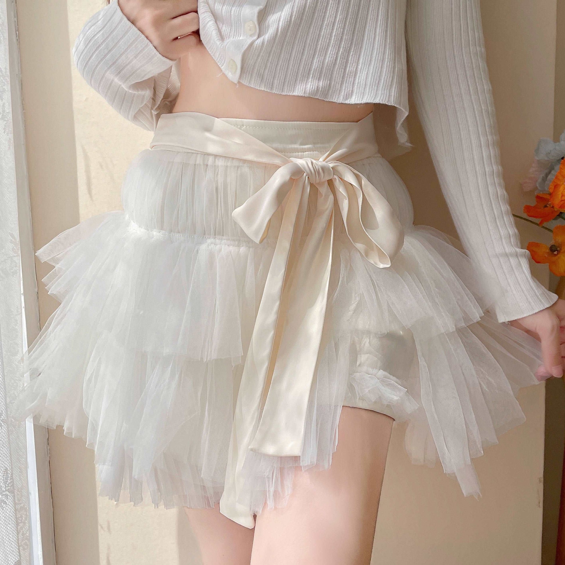 Coquette Sugar Girl White Pink Bow Ruffled Tutu Mini Short Skirt