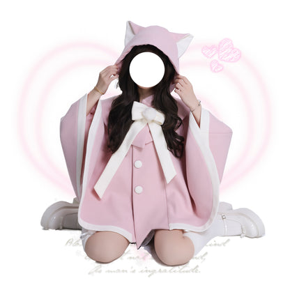 Platycodon Cat Ears Cake Pink Black Wool Cape Coat