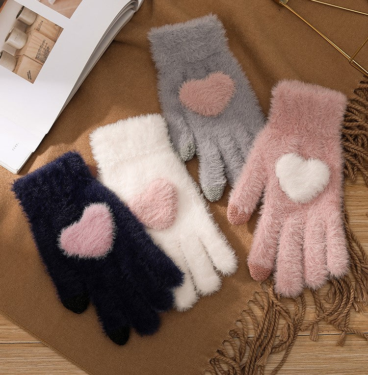 Cute Plush Heart Shaped Pastel Pink White Gray Navy Blue Winter Touchscreen Gloves