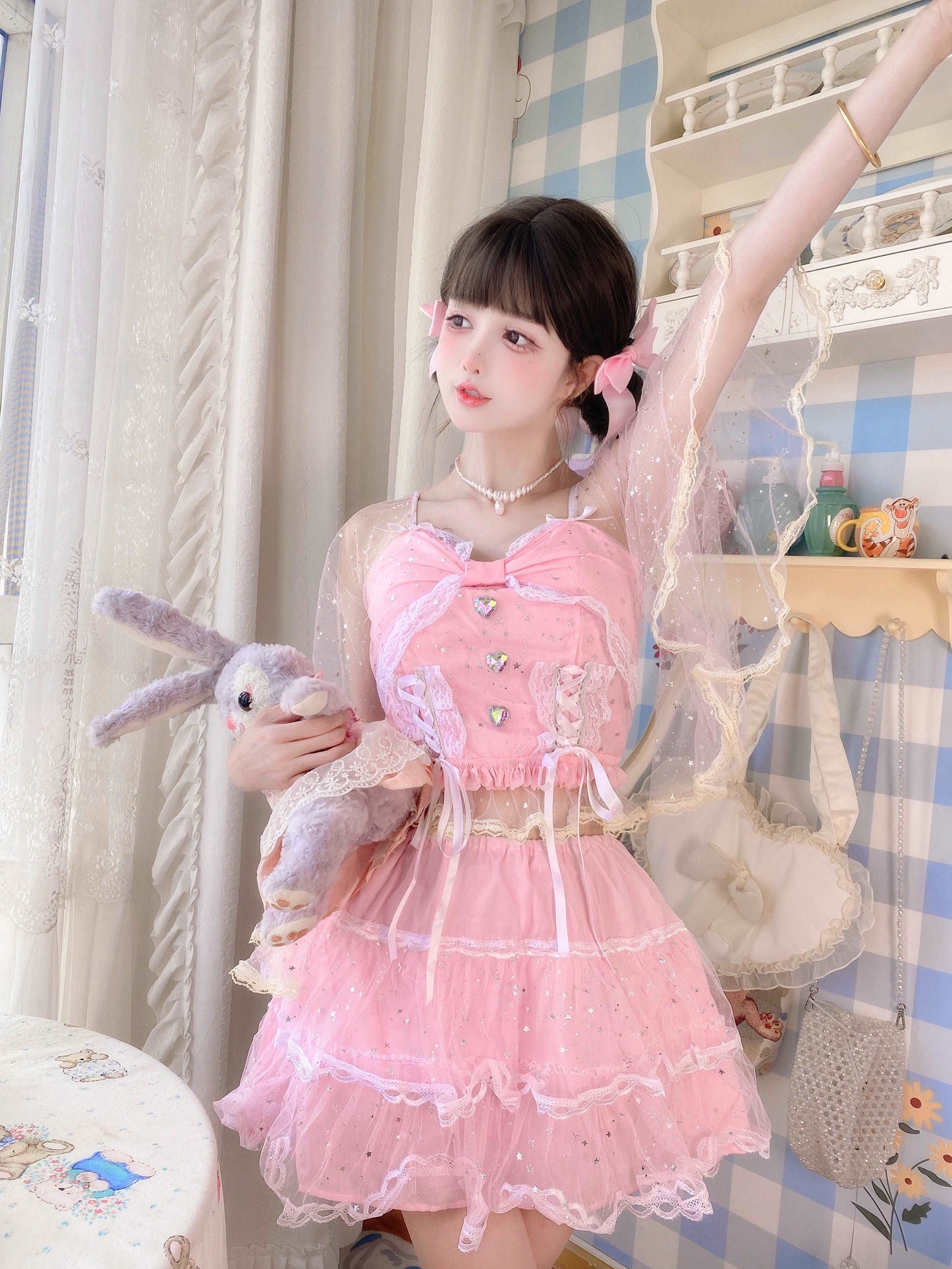 Candy Fairy Pink Stardust Lace Bow Camisole Top & Cake Ruffled Skirt Two Piece Set