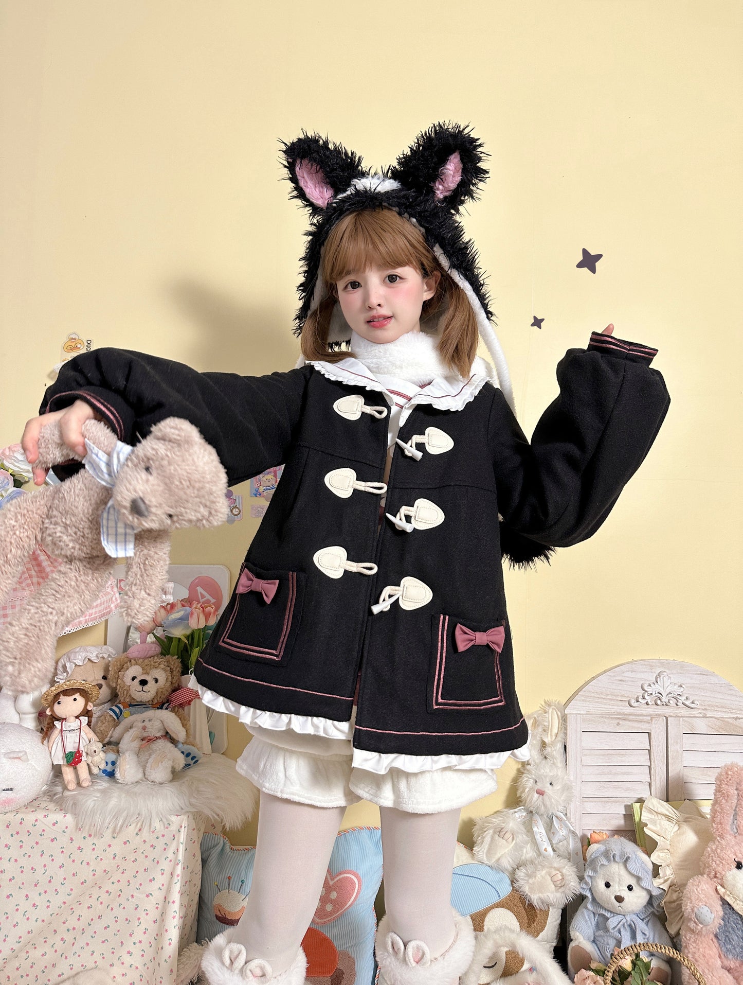 Lace Sailor Collar Lolita Black & Pink Winter Big Bow Woolen Coat Jacket