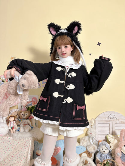 Lace Sailor Collar Lolita Black & Pink Winter Big Bow Woolen Coat Jacket